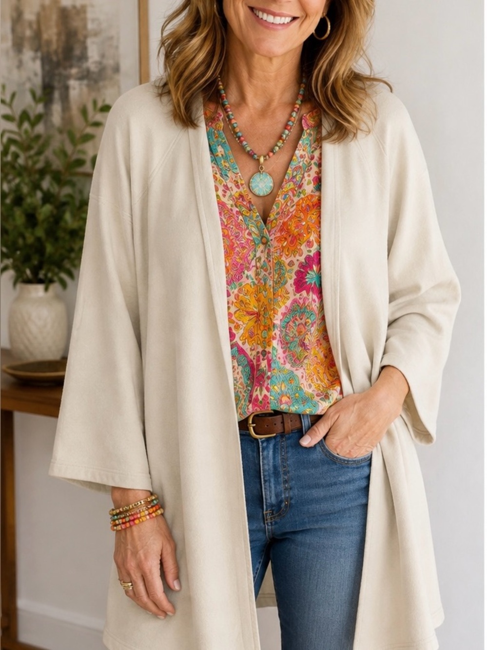 FilosoFia Cream Open-Front Coatigan or DusterJacket